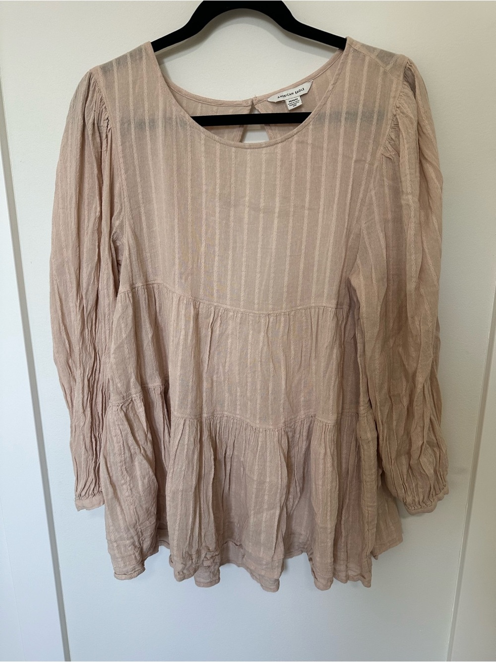 American Eagle Pink Cream Crinkle Tiered Long-Sleeve Top